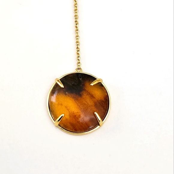 Faux Larimar Tigers Eye Round Double Pendant Goldtone Lariat Necklace - Picture 6 of 8